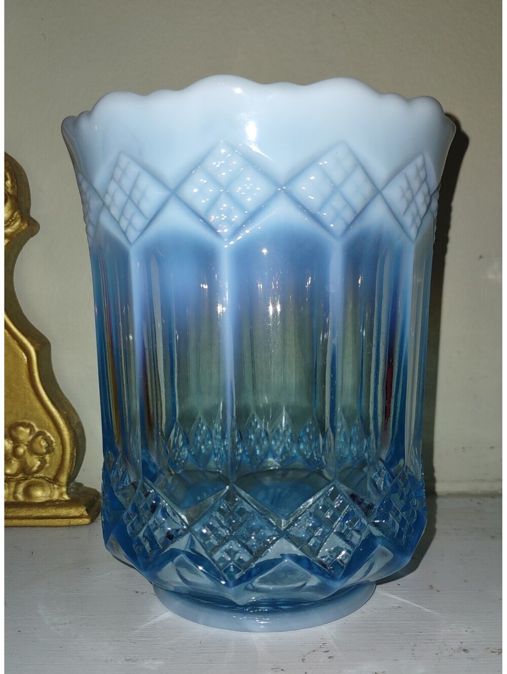 Mosser Blue with Whit Opalescent Rim Pressed Glass Vase or Spooner